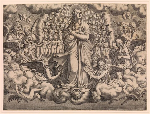 The Apostles looking at Christ and the Virgin in a Glory of Angels (top left plate)