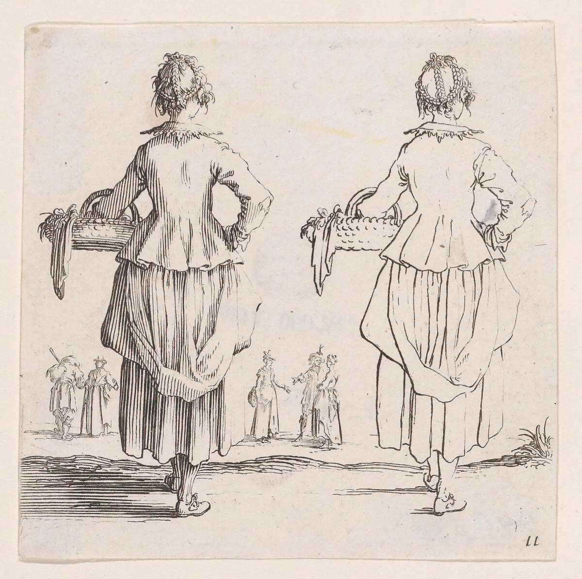 La Paysanne Vue de Dos, Tenant un Panier a son Bras Gauche (The Peasant Woman Viewed from Behind, Holding a Basket in his Left Arm), from Varie Figure (Various Figures), plate 11 — Jacques Callot