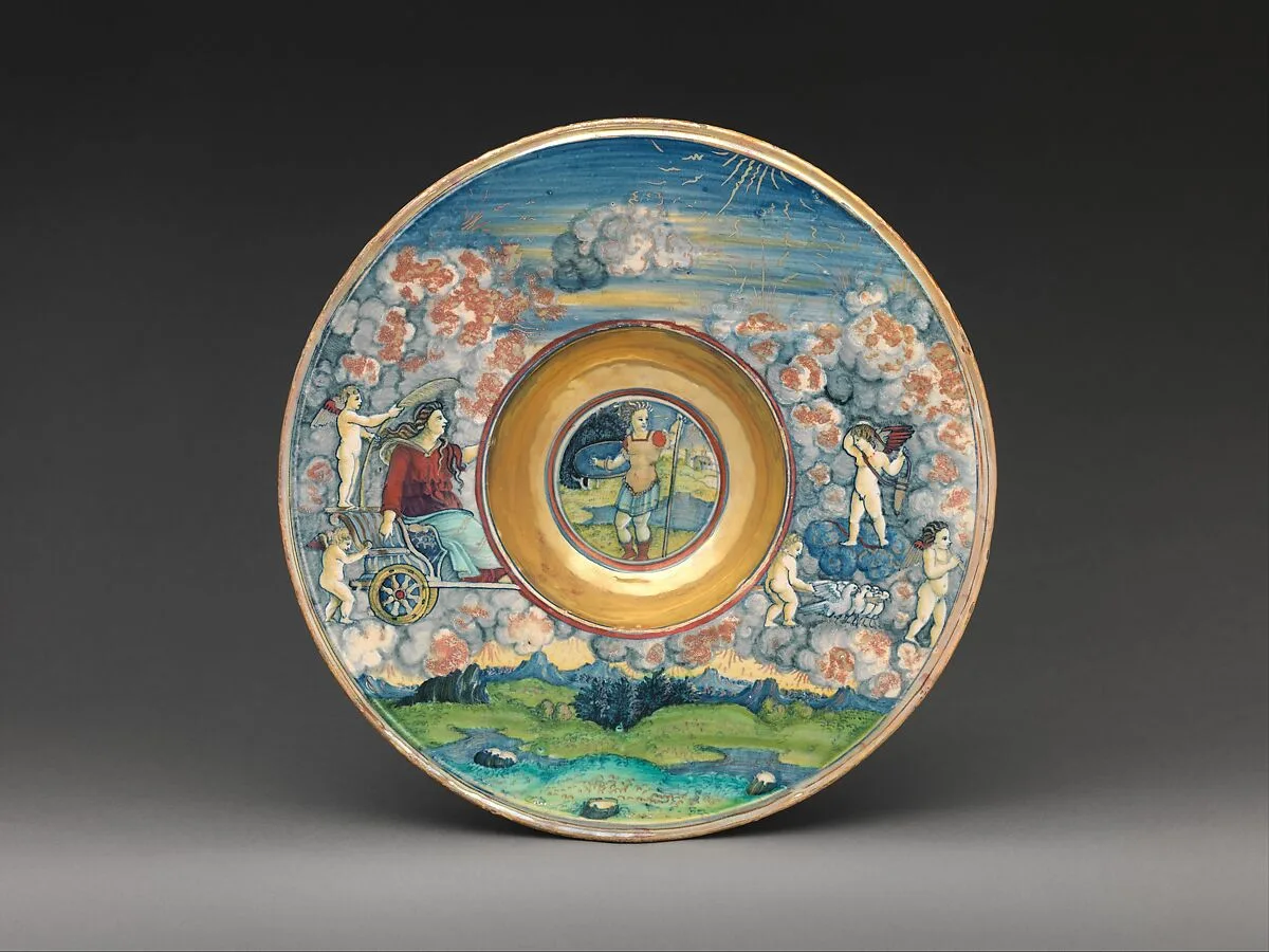 Wide-rimmed bowl depicting figures from Virgil's Aeneid — Maestro Giorgio Andreoli|Marcantonio Raimondi|Raphael (Raffaello Sanzio or Santi)|Painter of the Three Graces