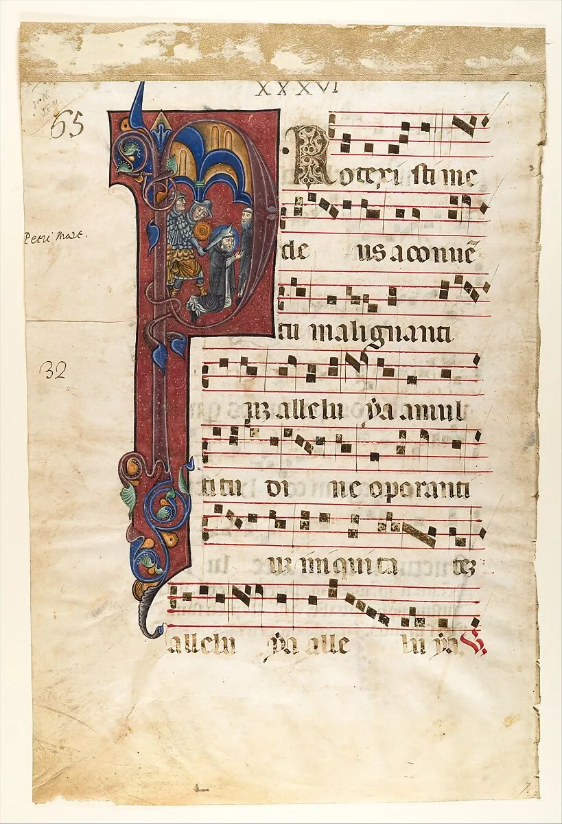 Manuscript Leaf with the Martyrdom of Saint Peter Martyr in an Initial P, from a Gradual — Unknown