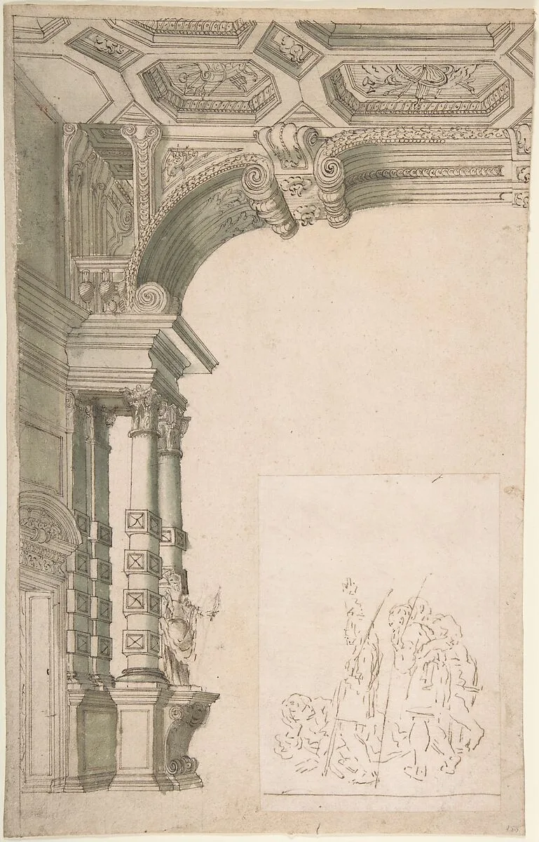 One Half of a Design for an Arch, With a Figural Sketch Pasted at lower right — Anonymous, Italian, Piedmontese, 18th century