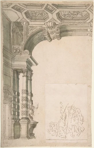 One Half of a Design for an Arch, With a Figural Sketch Pasted at lower right