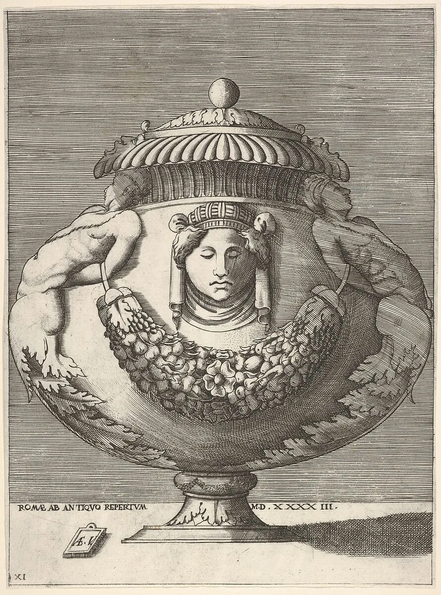 Antique Lidded Urn with Hybrid Male Sphinxes and a Female Mask on the Body, from Vases after the Antique — Enea Vico