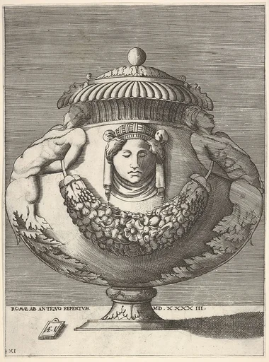 Antique Lidded Urn with Hybrid Male Sphinxes and a Female Mask on the Body, from Vases after the Antique