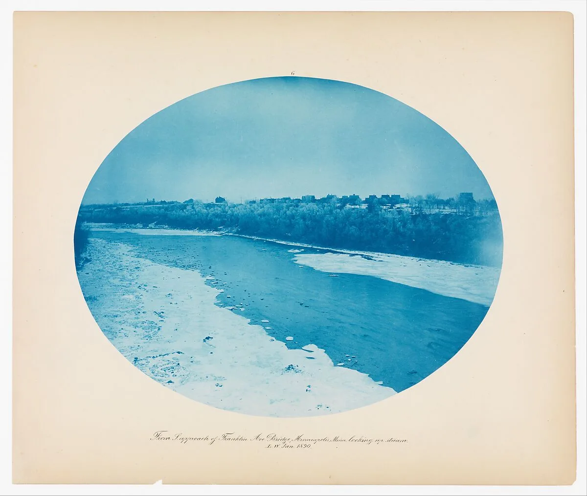 No. 6. From South Approach of Franklin Ave Bridge, Minneapolis, Minnesota Looking Up Stream (Low Water) — Henry P. Bosse