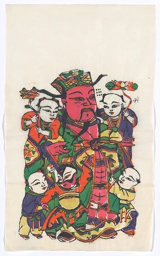 現代 佚名 五子天官(左) 彩印木刻年畫 河南朱仙鎮|New Year Picture of Door God with Five Children (left one of a pair)