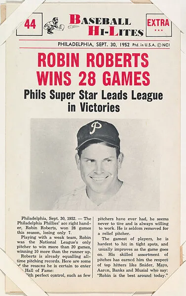 Robin Roberts #44 from Nu-Card Baseball Hi-Lites series (W460) — Nu-Card, Inc.