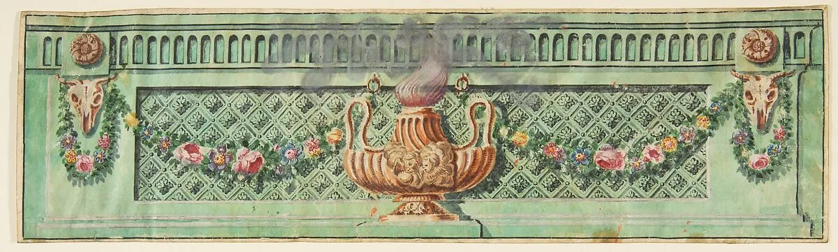 Ornamental Panel with Flaming Lamp and Floral Swags — Anonymous, French, 19th century