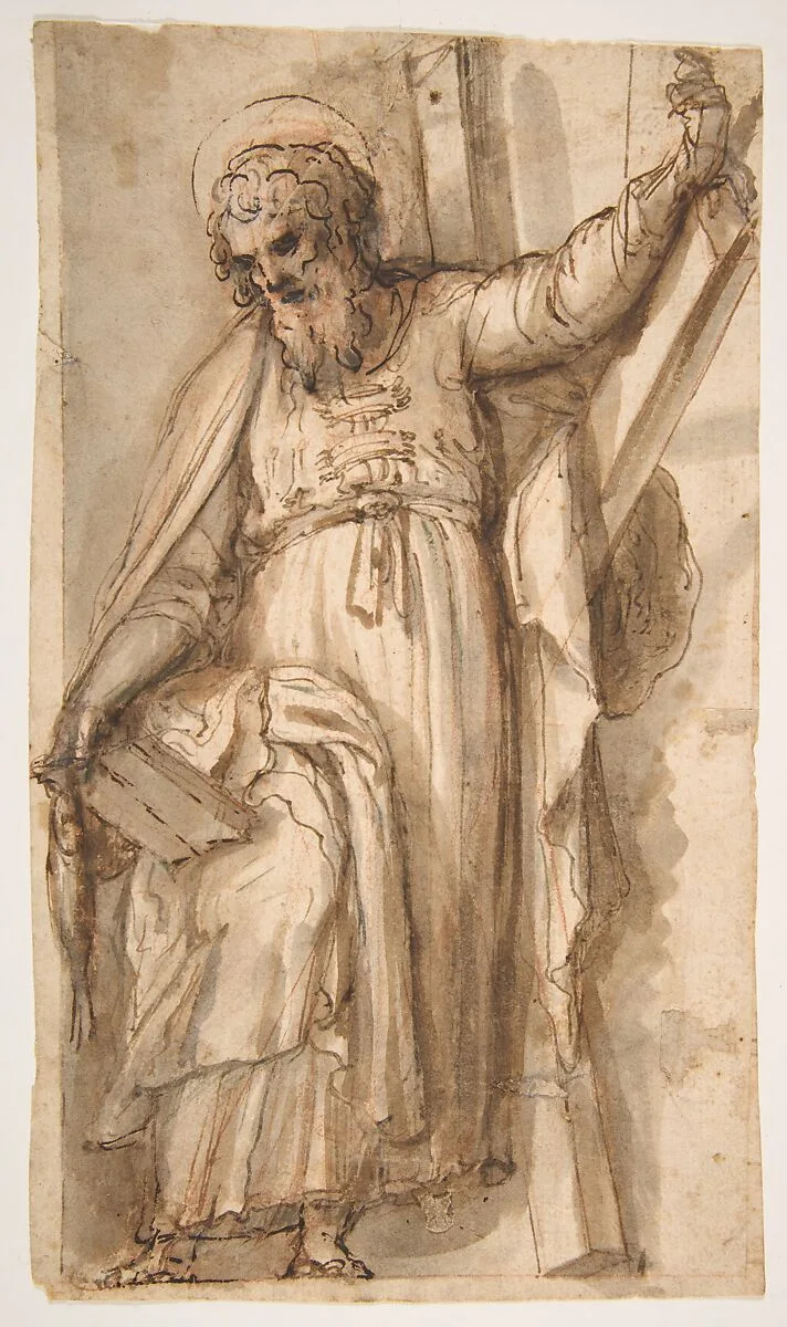 Saint Andrew, Apostle, with Transverse Cross, Book, and Fish, (recto); Architectural sketch (verso) — Fabrizio Santafede