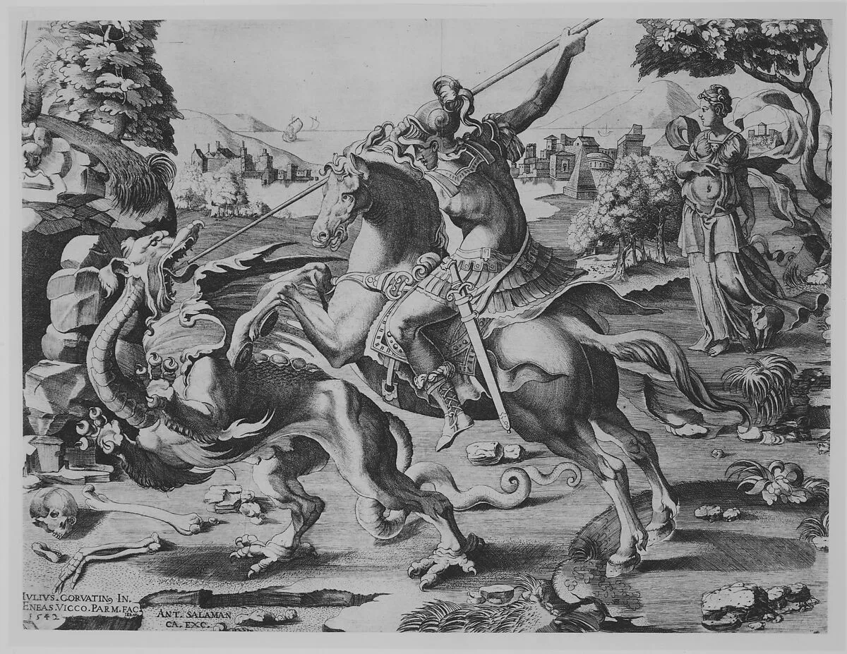 St George Killing the Dragon — Enea Vico|Giulio Clovio|Antonio Salamanca