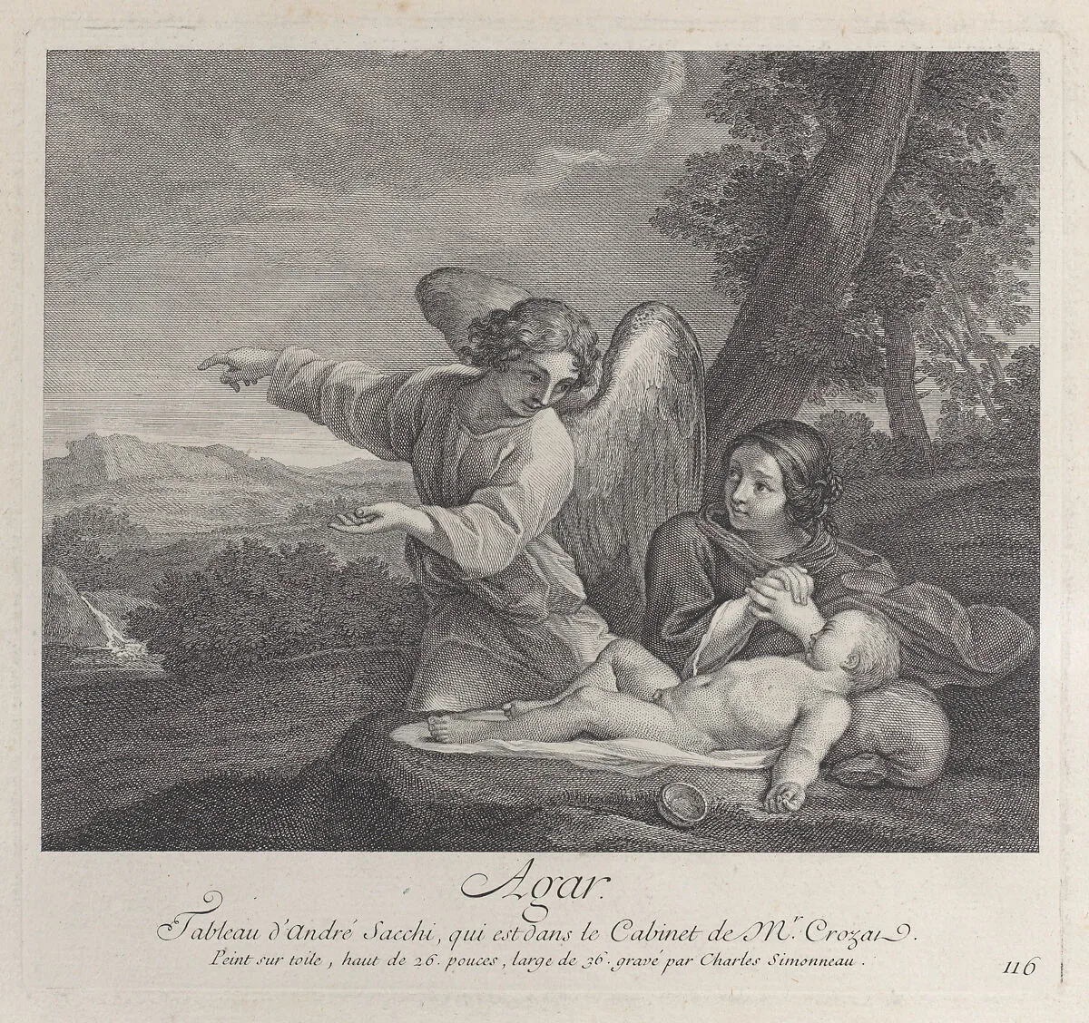 The angel appearing to Hagar in the wilderness as she folds her hands next to the sleeping Ishmael — Andrea Sacchi|Charles Simonneau
