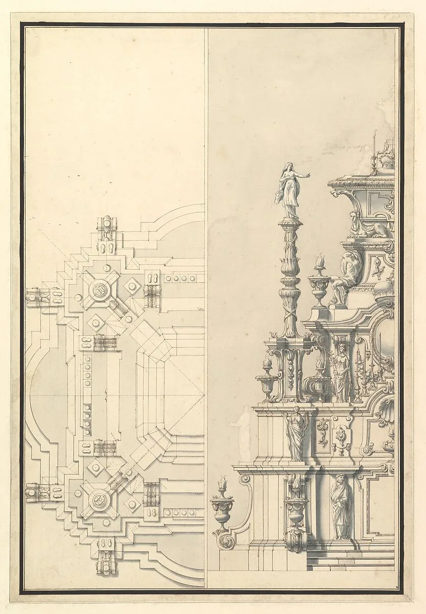 Half Elevation and Half Plan for a Catafalque for Maximilian, Elector of Bavaria, probably Maximilian II Emanuel (1662-1726) — Giuseppe Galli Bibiena