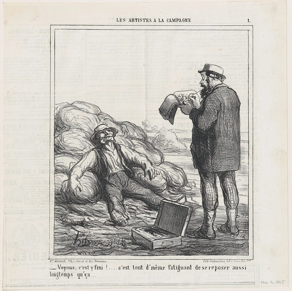 Well, are you finally finished?... after all, it's tiring to relax for such a long time, from 'The countryside artists,' published in Le Charivari, February 2, 1865 — Aaron Martinet|Honoré Daumier|Destouches