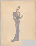 Drawing for a woman's theatrical costume with silver suit, jeweled accessories and green feathers — Vincente Minnelli
