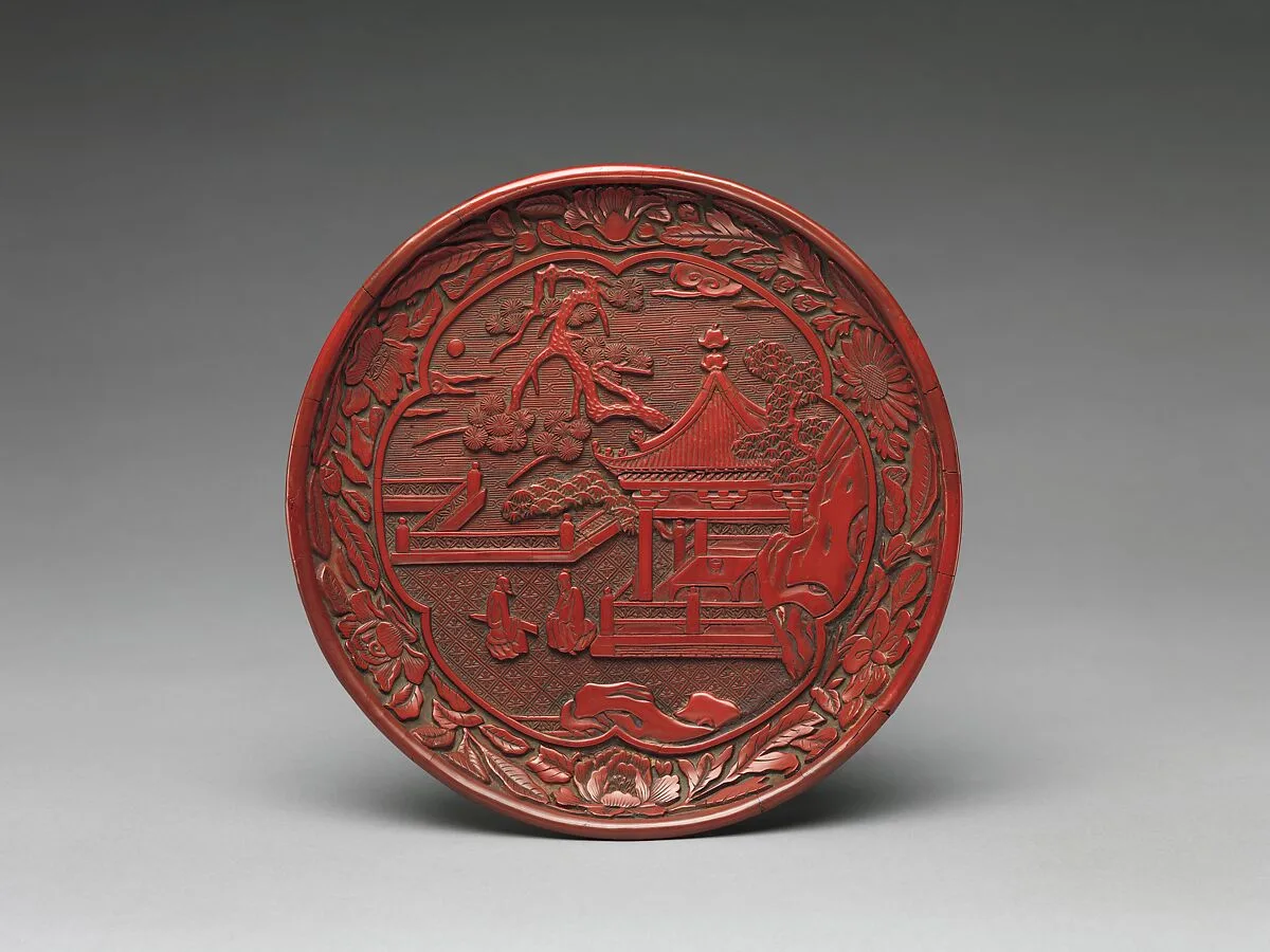明初 剔紅庭園高士圖漆盤|Dish with garden scene — Unknown
