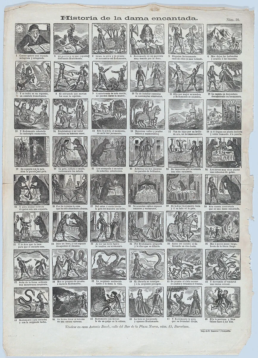 Broadside with 48 scenes relating to the story of the enchanted lady (Dama encantada) — N. Ramírez y Compañia|Antonio Bosch|José Noguera
