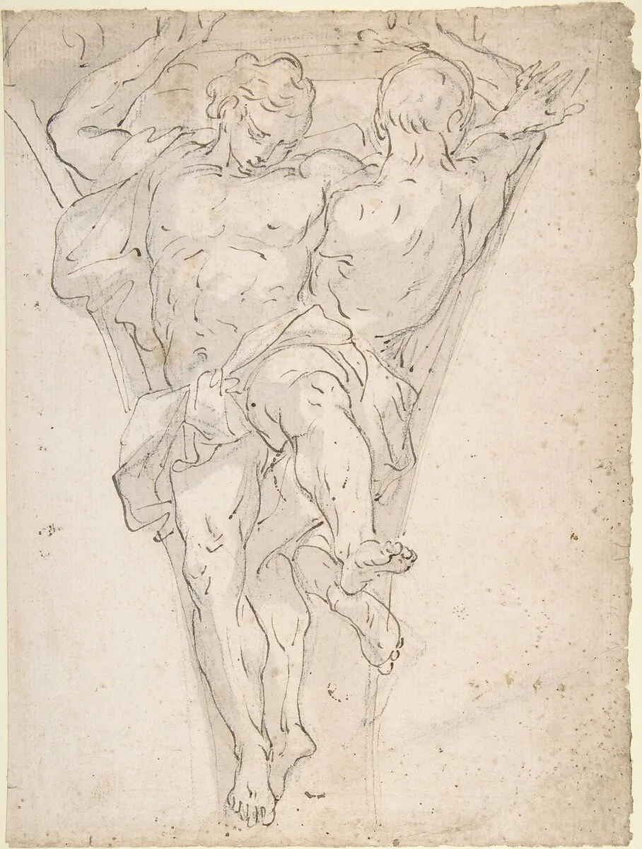 Two Partially Draped Male Figures in a Pendentive — Giovanni Battista Carlone