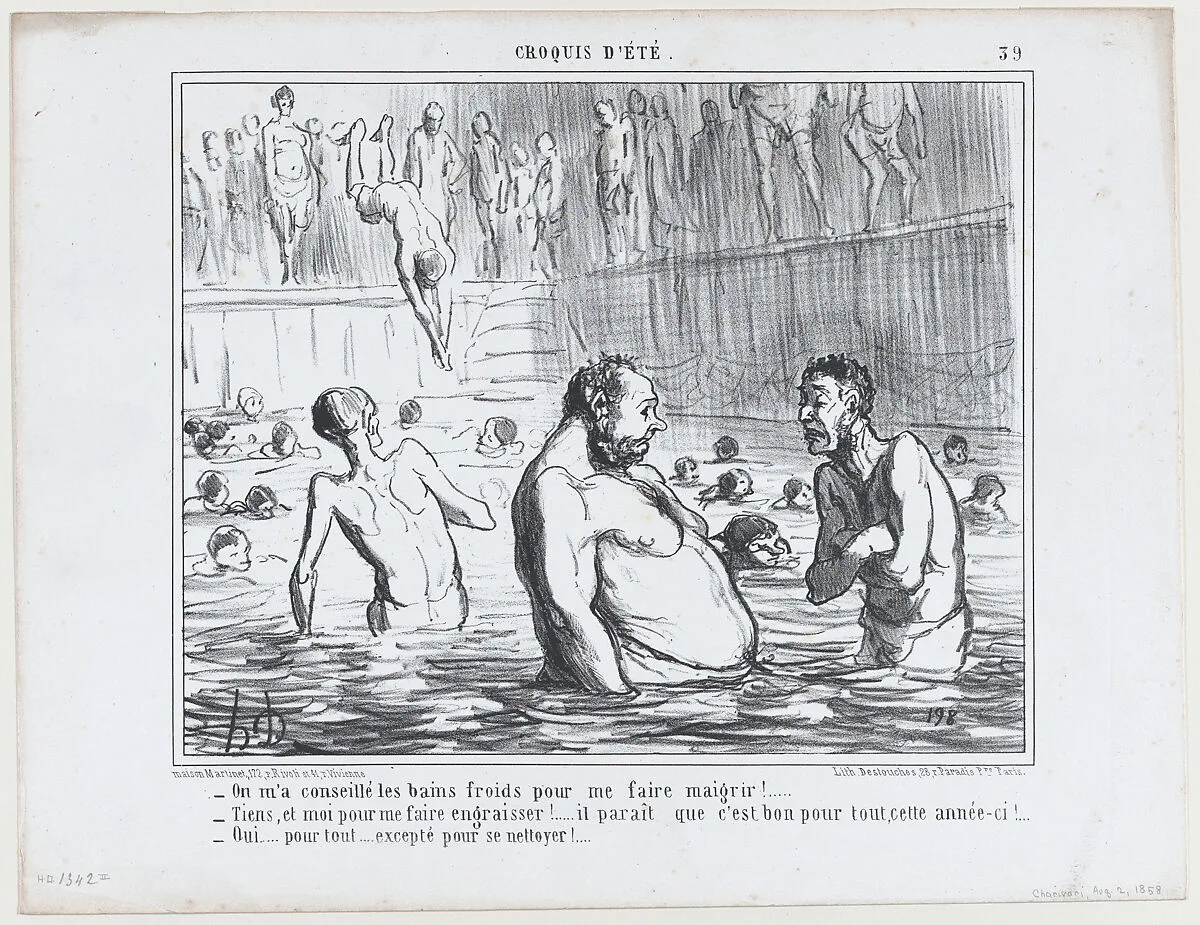 On m'a conseillé les bains froids pour me faire maigrir!..., from Croquis d'Été, published in Le Charivari, August 2, 1858 — Aaron Martinet|Honoré Daumier|Destouches