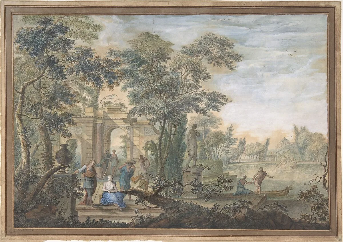 Arcadian Landscape with several Figures and a Statue of Diana — Gerard Melder