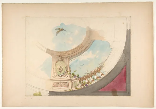 Design for a ceiling with trompe l'oeil balustrade and sky