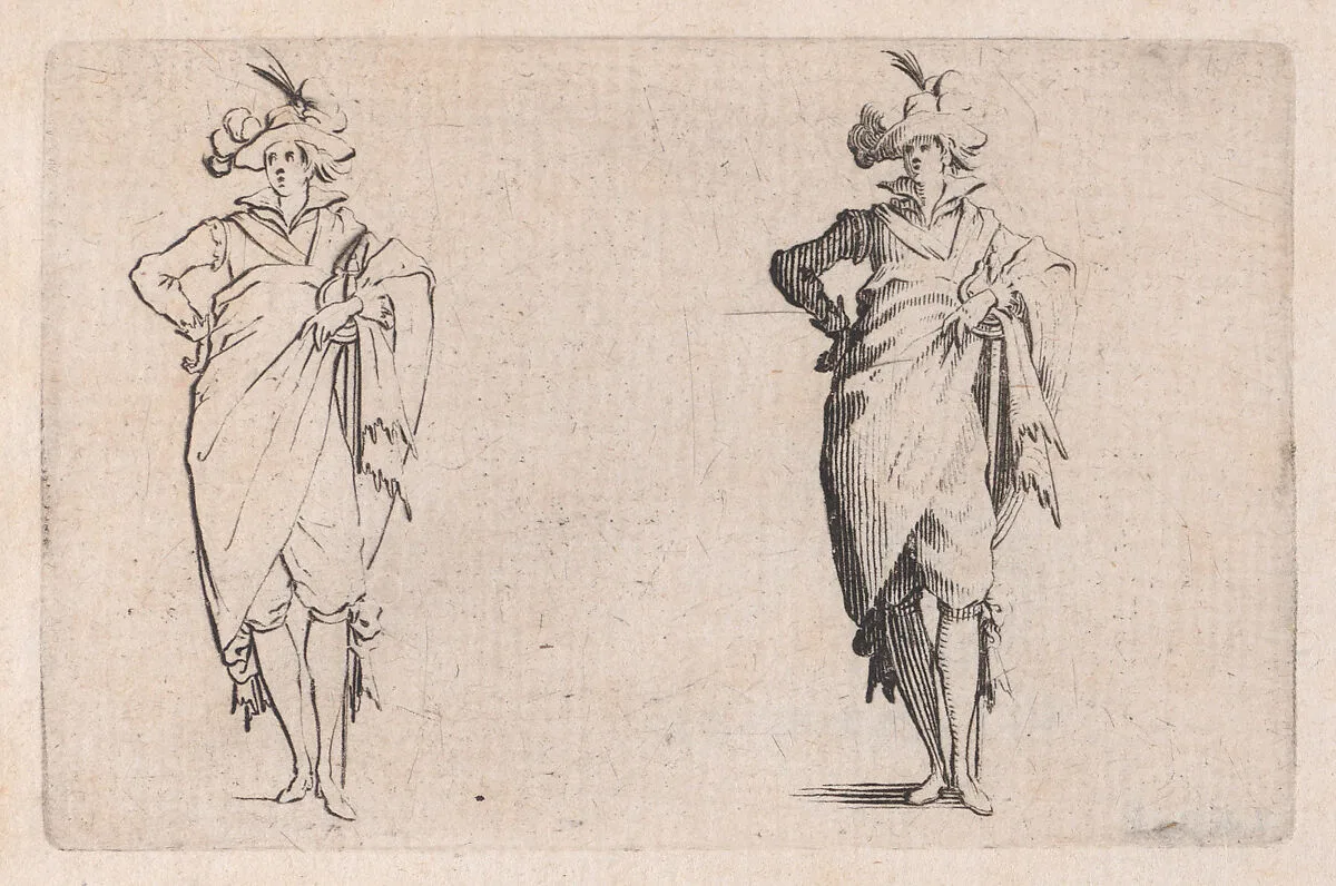 Le Gentilhomme de Face, la Main Droite sur la Hanche (The Gentleman Facing the Front, his Right Hand on his Hip), from Les Caprices Series B, The Nancy Set — Jacques Callot|Lorenzo de' Medici