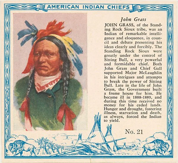 Card No. 21, John Grass, from the Indian Chiefs series (T129) issued by Red Man Chewing Tobacco — Red Man Chewing Tobacco