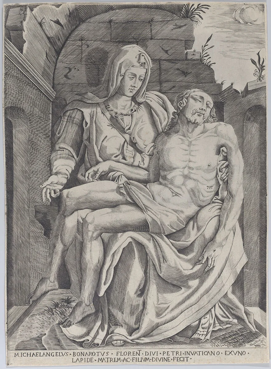 Pietà, set against an arched ruin — Michelangelo Buonarroti|Master of the Name of Jesus Christ