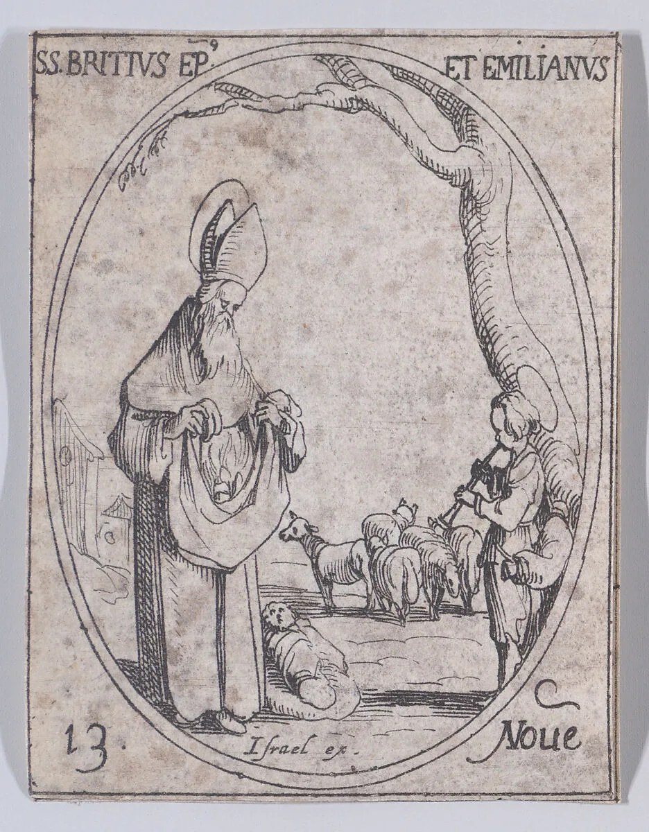 S. Brice, évêque et S. Emilianus (St. Brice, Bishop and St. Emilianus), November 13th, from "Les Images De Tous Les Saincts et Saintes de L'Année" (Images of All of the Saints and Religious Events of the Year) — Israël Henriet|Jacques Callot
