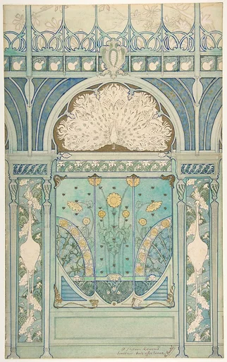 Design for a wall decoration with peacock, cranes, and sunflowers for the restaurant in Hotel Langham (Paris)