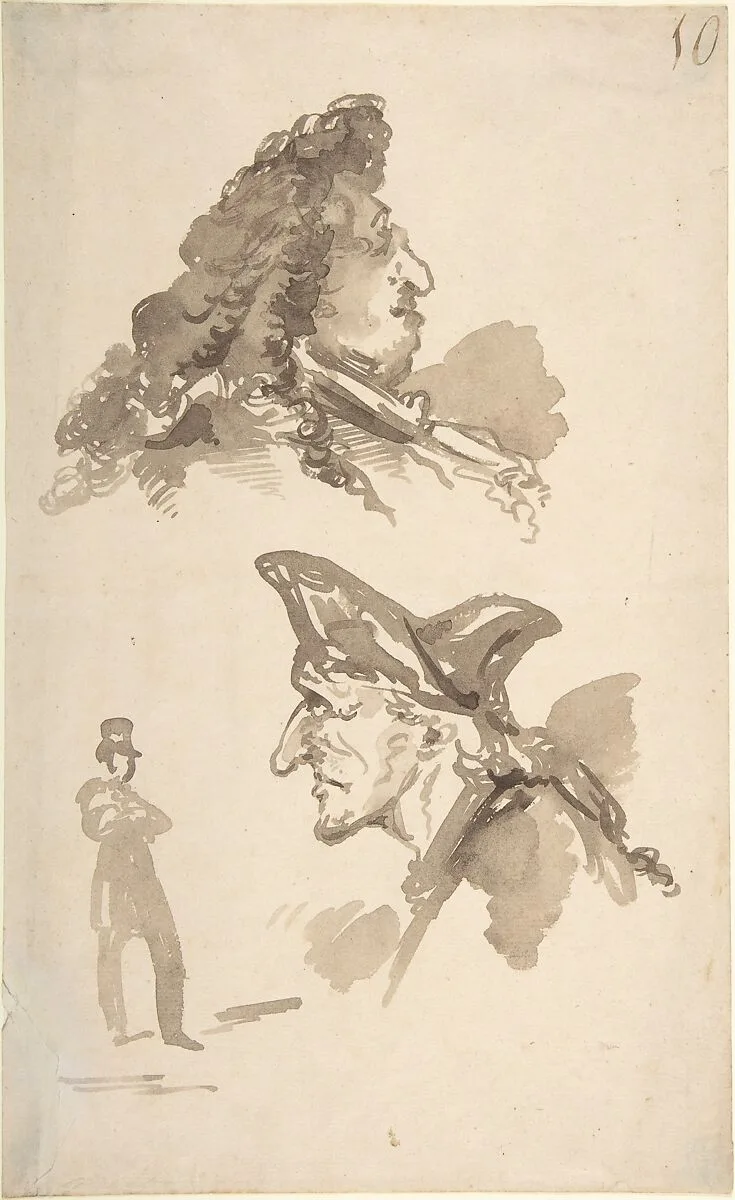 Sheet of Studies: Two Male Heads in Profile and Standing Man — Jean-Baptiste Isabey