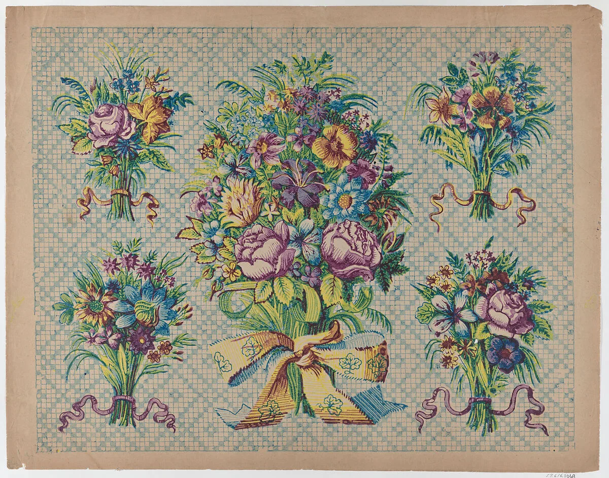 Sheet with five bouquets on a blue checkered background — Remondini Family|Anonymous