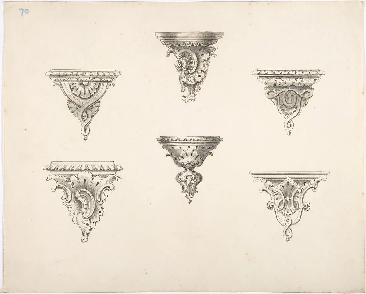Design for Six Brackets with Rocaille Ornament and Strapwork — Anonymous, British, 19th century