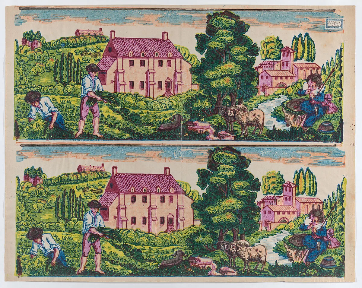 Sheet with two borders with pastoral landscapes — Remondini Family|Anonymous