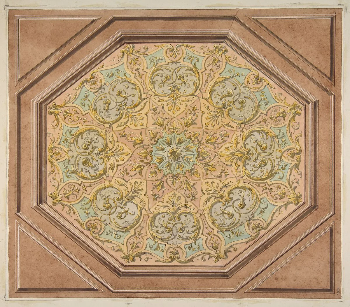 Design for the decoration of a hexagonal ceiling with rinceaux — Jules-Edmond-Charles Lachaise|Eugène-Pierre Gourdet