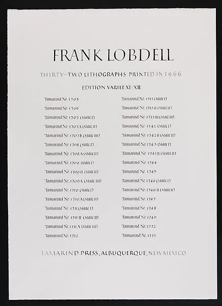 Colophon — Frank Lobdell|Tamarind Lithography Workshop