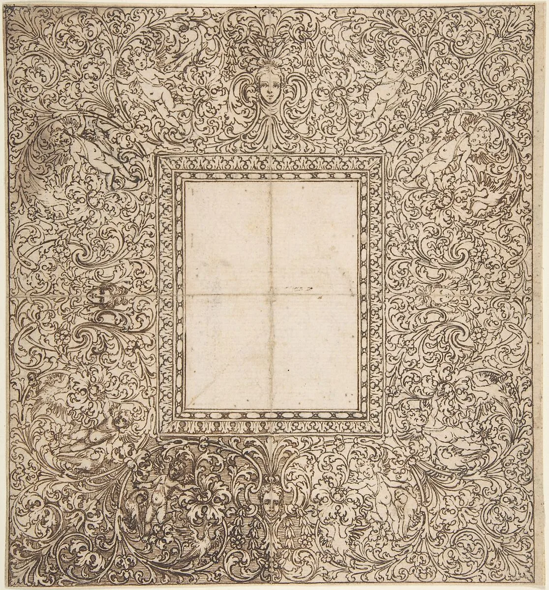 Design for a frame with foliates and putti — Anonymous, German, 17th century