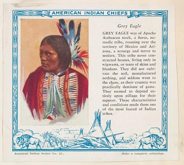 Grey Shield, No. 21, collector card from the American Indian Series (D6), issued by the Kelley Baking Company to promote Kelley's Bread — Kelley Baking Company