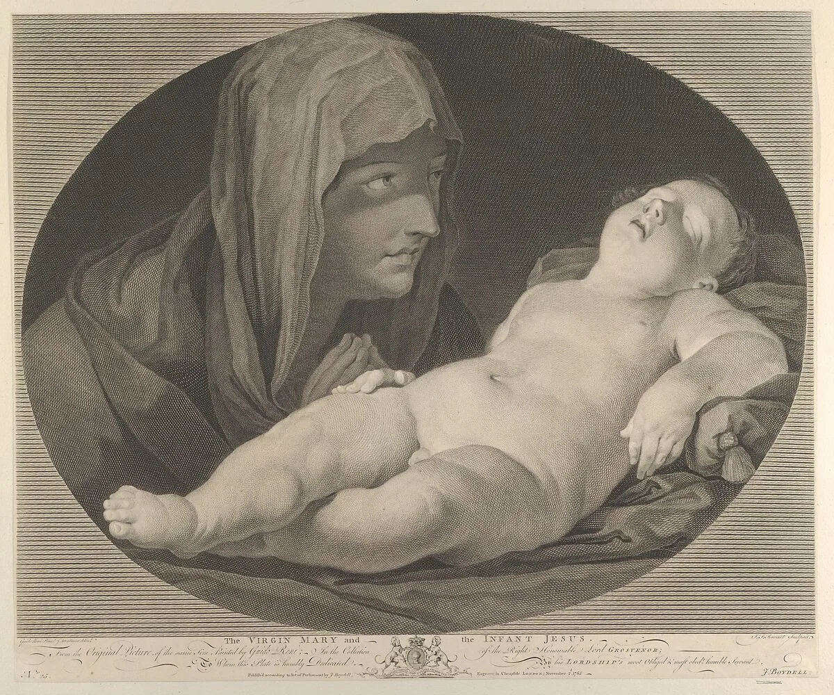 The Virgin in prayer, looking at the sleeping infant Christ, in an oval frame, after Reni — Guido Reni|John Boydell|Simon Francis Ravenet, the elder