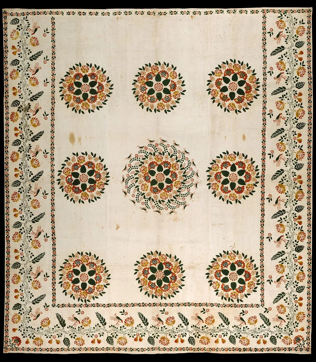 Wholecloth stenciled coverlet — Unknown