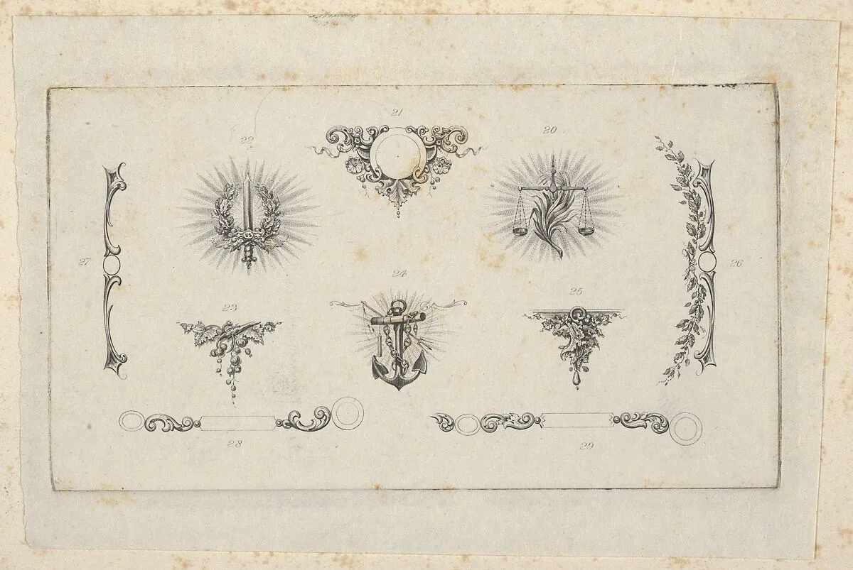 Banknote motif: ten different ornamental lathe work elements including a disk embellished with berries and flowers, a wreathed sword, a set of scales, a berried vine, an anchor and chain, a bracket of vine leaves and four designs for borders — A. B. & C. Durand & Company|Durand, Perkins, and Company|Cyrus Durand