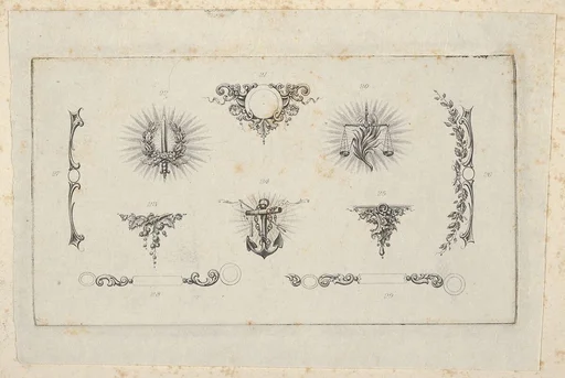 Banknote motif: ten different ornamental lathe work elements including a disk embellished with berries and flowers, a wreathed sword, a set of scales, a berried vine, an anchor and chain, a bracket of vine leaves and four designs for borders