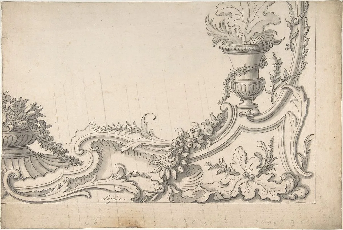 Design for the Corner of a Decoration (recto); Sketch of Monumental Building with Four Temple-Front Entrances (verso) — Jacques de Lajoüe