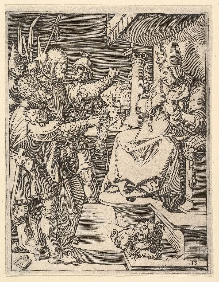 Christ before Caiaphas: soldiers present Christ to seated hight priest who tears his garments, after Dürer — Marcantonio Raimondi|Albrecht Dürer