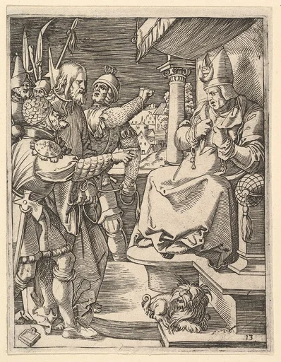 Christ before Caiaphas: soldiers present Christ to seated hight priest who tears his garments, after Dürer