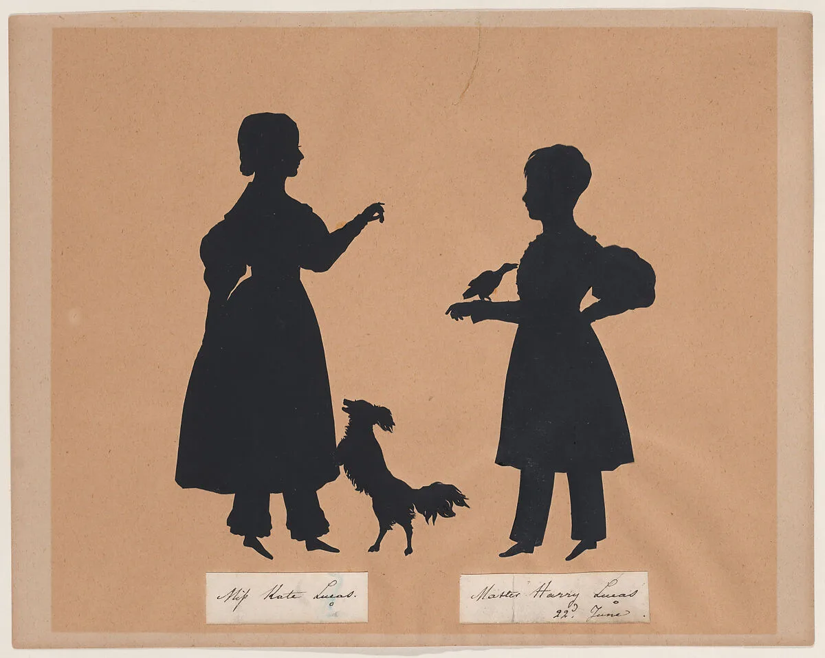 Kate and Harry Lucas, playing with a dog and a bird — Auguste Edouart