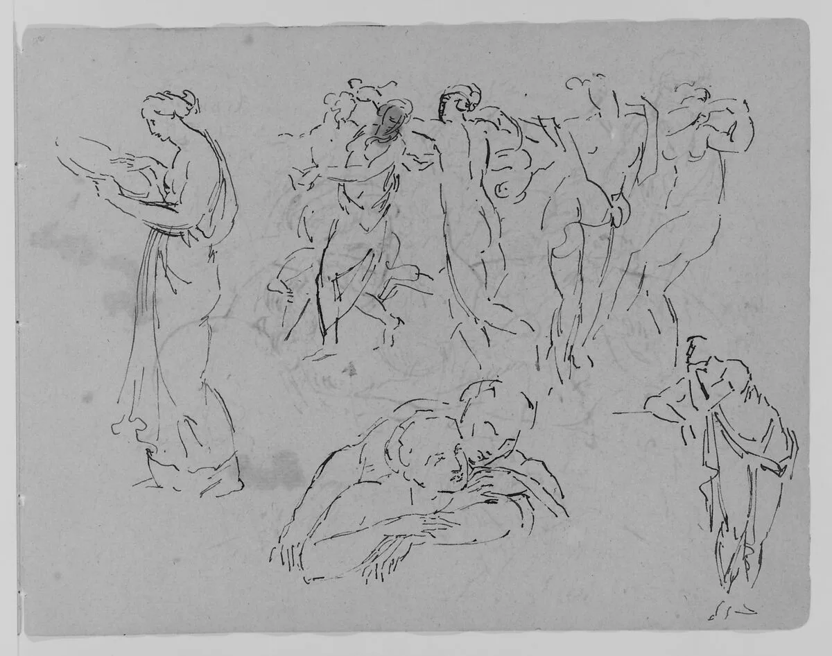 Sketches of Two Women, a Man Fighting a Beast, Two Furniture Fragments (from Sketchbook) — Thomas Sully