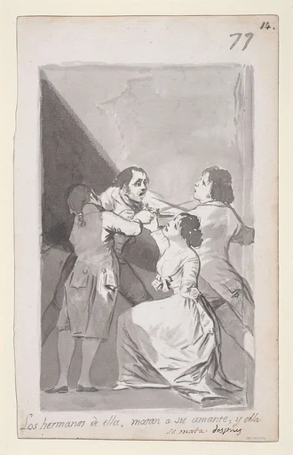 Two brothers killing their sister's lover in her presence; folio 77 (recto) from the Madrid Album 'B'.
