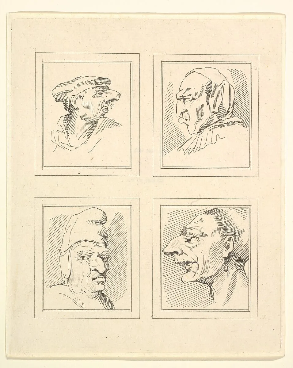 Four Heads (from Characaturas by Leonardo da Vinci, from Drawings by Wincelslaus Hollar, out of the Portland Museum) — John Clarke|Wenceslaus Hollar|Leonardo da Vinci