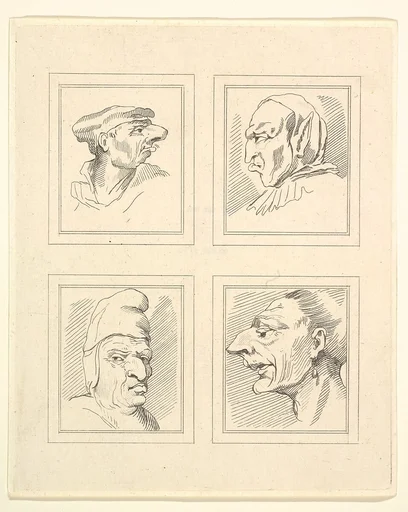 Four Heads (from Characaturas by Leonardo da Vinci, from Drawings by Wincelslaus Hollar, out of the Portland Museum)