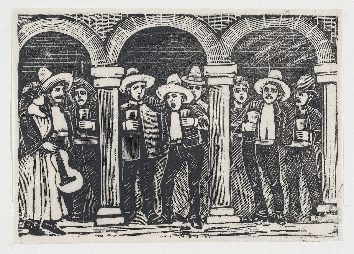 Musicians standing in an arcade having a drink — José Guadalupe Posada